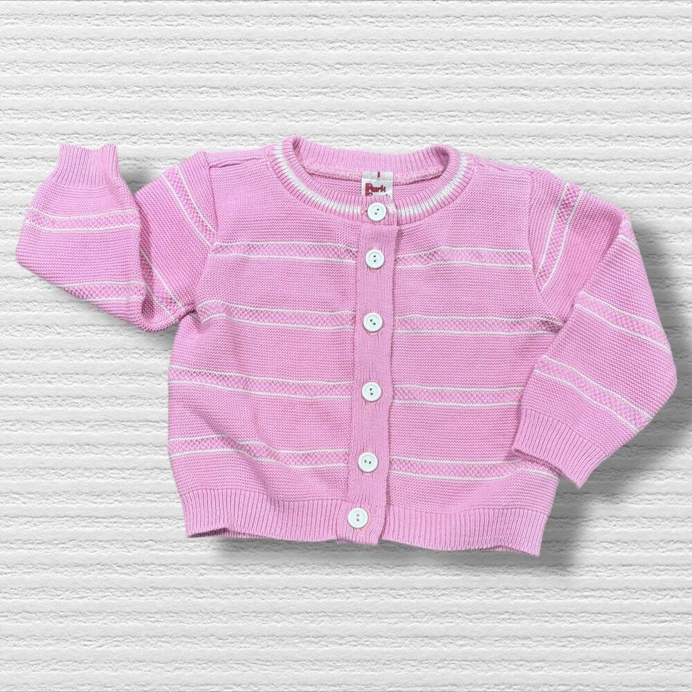 VTG Pink Stripe Knit Button Cardigan Sweater 2T USA Cottage Park Bench Kids 80s